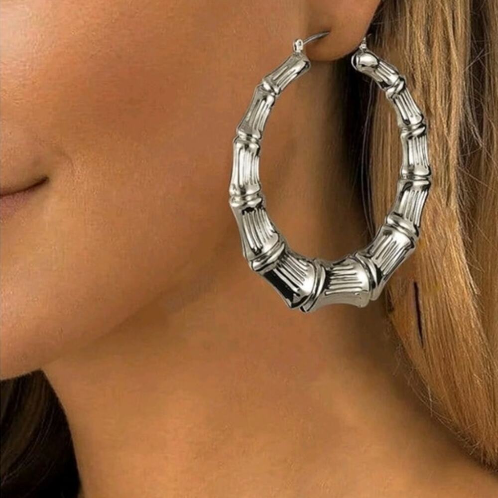 Claire's large 3' silver Tone Bamboo Textured hoop earrings NEW